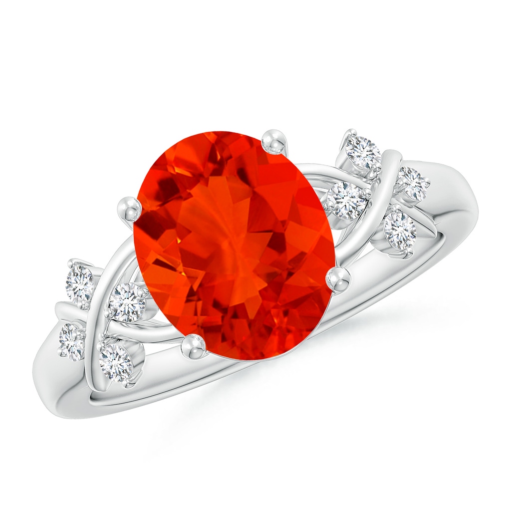 10x8mm AAAA Solitaire Oval Fire Opal Criss Cross Ring with Diamonds in S999 Silver