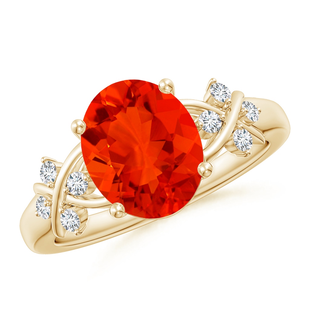 10x8mm AAAA Solitaire Oval Fire Opal Criss Cross Ring with Diamonds in Yellow Gold