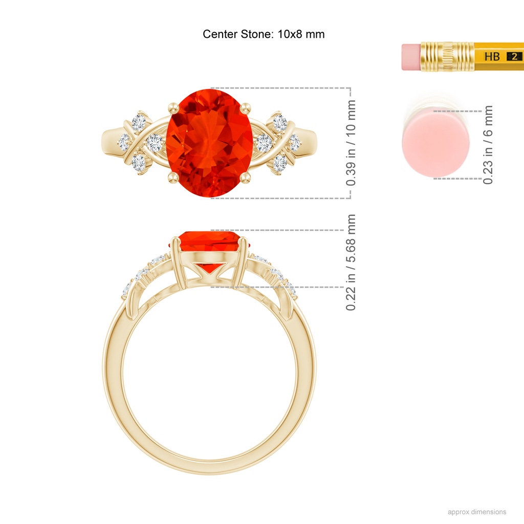 10x8mm AAAA Solitaire Oval Fire Opal Criss Cross Ring with Diamonds in Yellow Gold Ruler