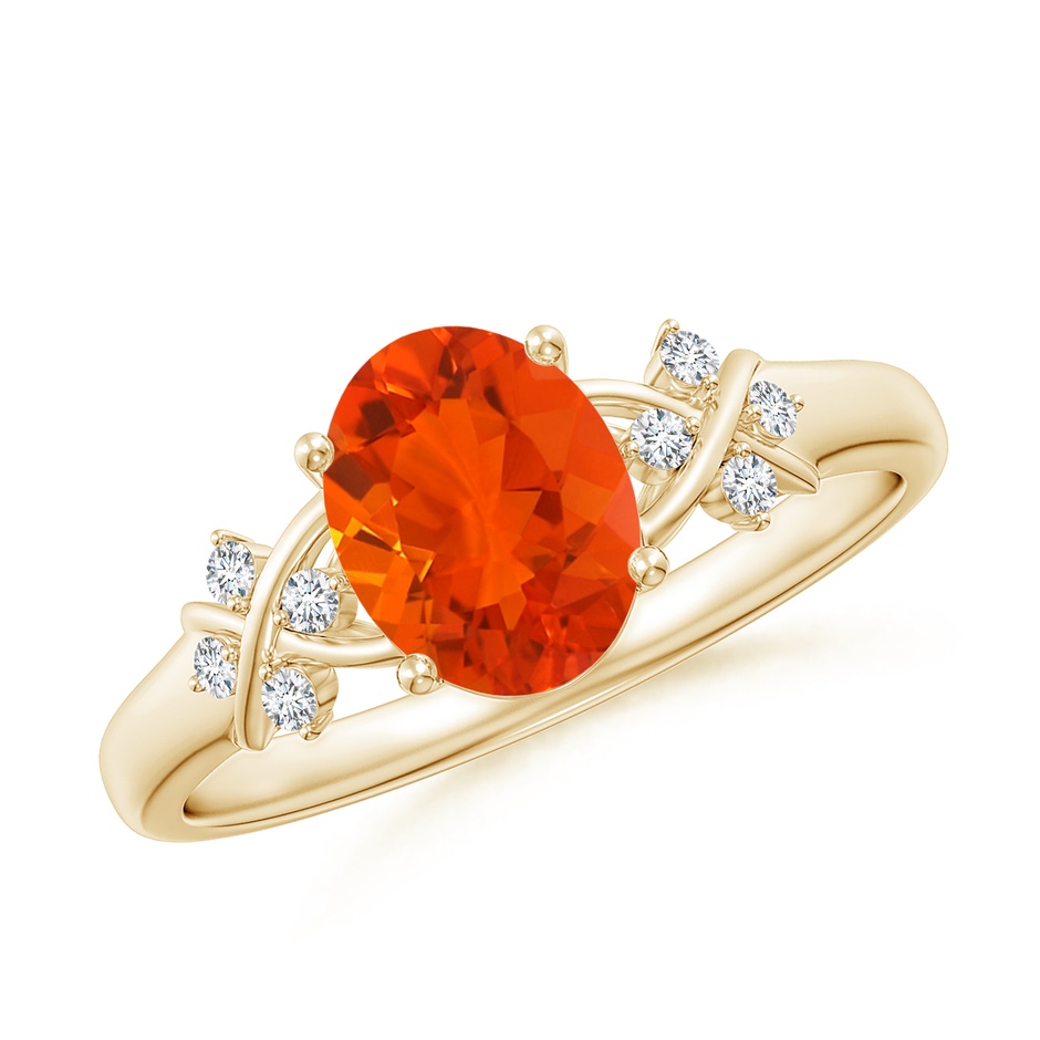 8x6mm AAA Solitaire Oval Fire Opal Criss Cross Ring with Diamonds in 18K Yellow Gold 