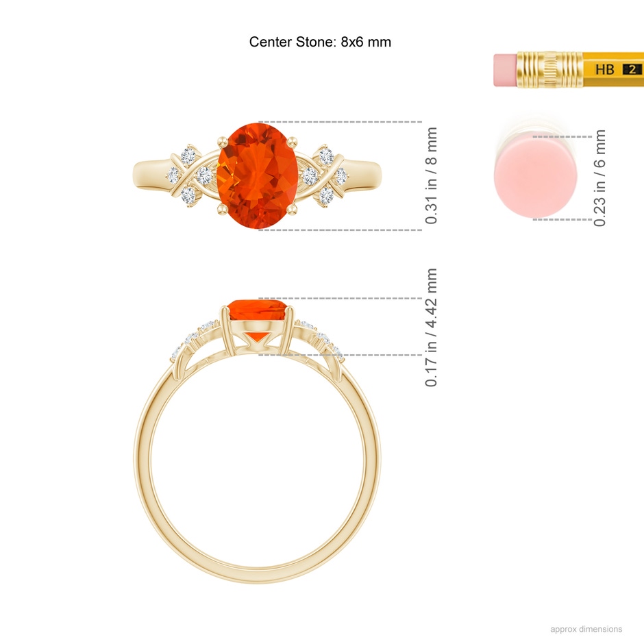 8x6mm AAA Solitaire Oval Fire Opal Criss Cross Ring with Diamonds in 18K Yellow Gold ruler