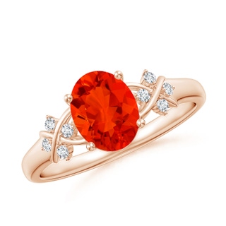 8x6mm AAAA Solitaire Oval Fire Opal Criss Cross Ring with Diamonds in 9K Rose Gold