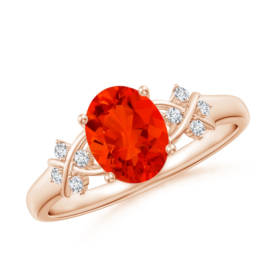 8x6mm AAAA Solitaire Oval Fire Opal Criss Cross Ring with Diamonds in Rose Gold 