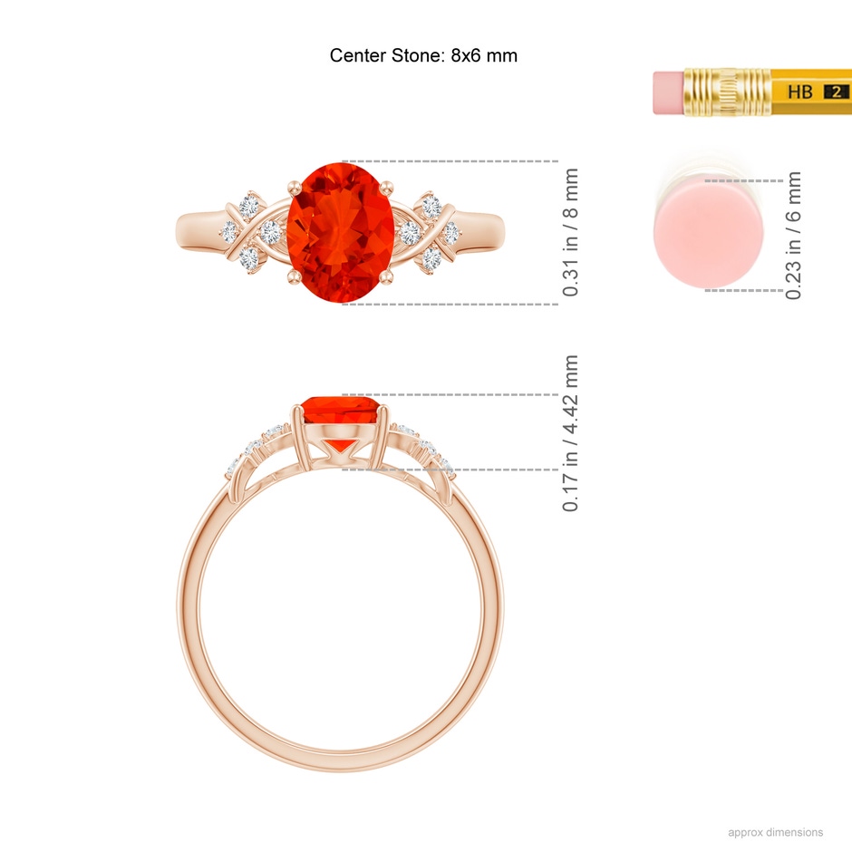 8x6mm AAAA Solitaire Oval Fire Opal Criss Cross Ring with Diamonds in Rose Gold ruler