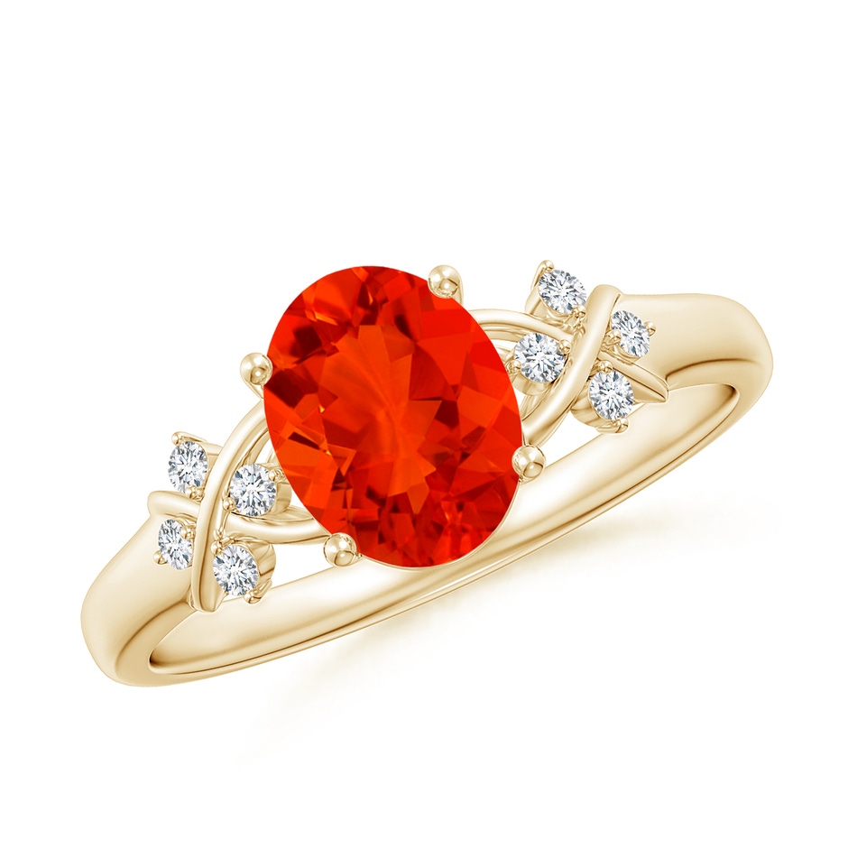 8x6mm AAAA Solitaire Oval Fire Opal Criss Cross Ring with Diamonds in Yellow Gold 