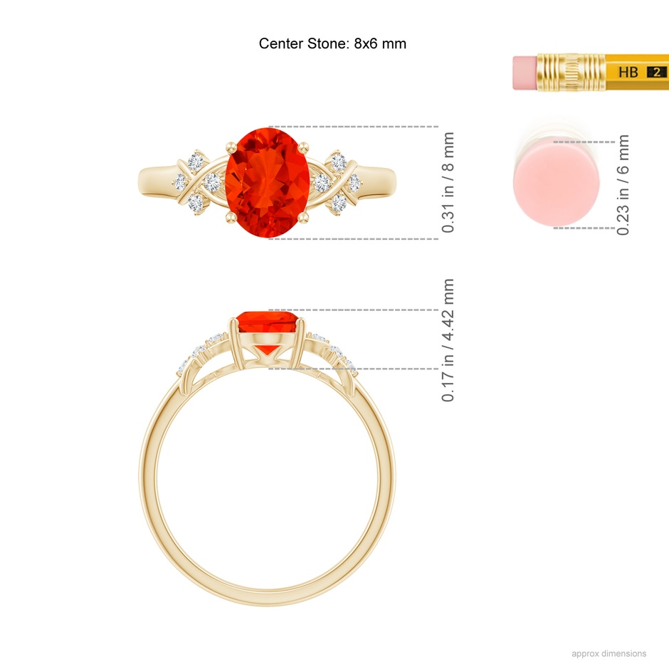 8x6mm AAAA Solitaire Oval Fire Opal Criss Cross Ring with Diamonds in Yellow Gold ruler