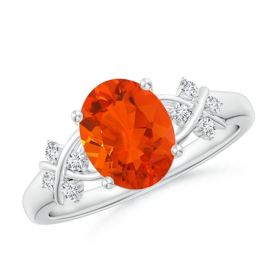 9x7mm AAA Solitaire Oval Fire Opal Criss Cross Ring with Diamonds in S999 Silver 