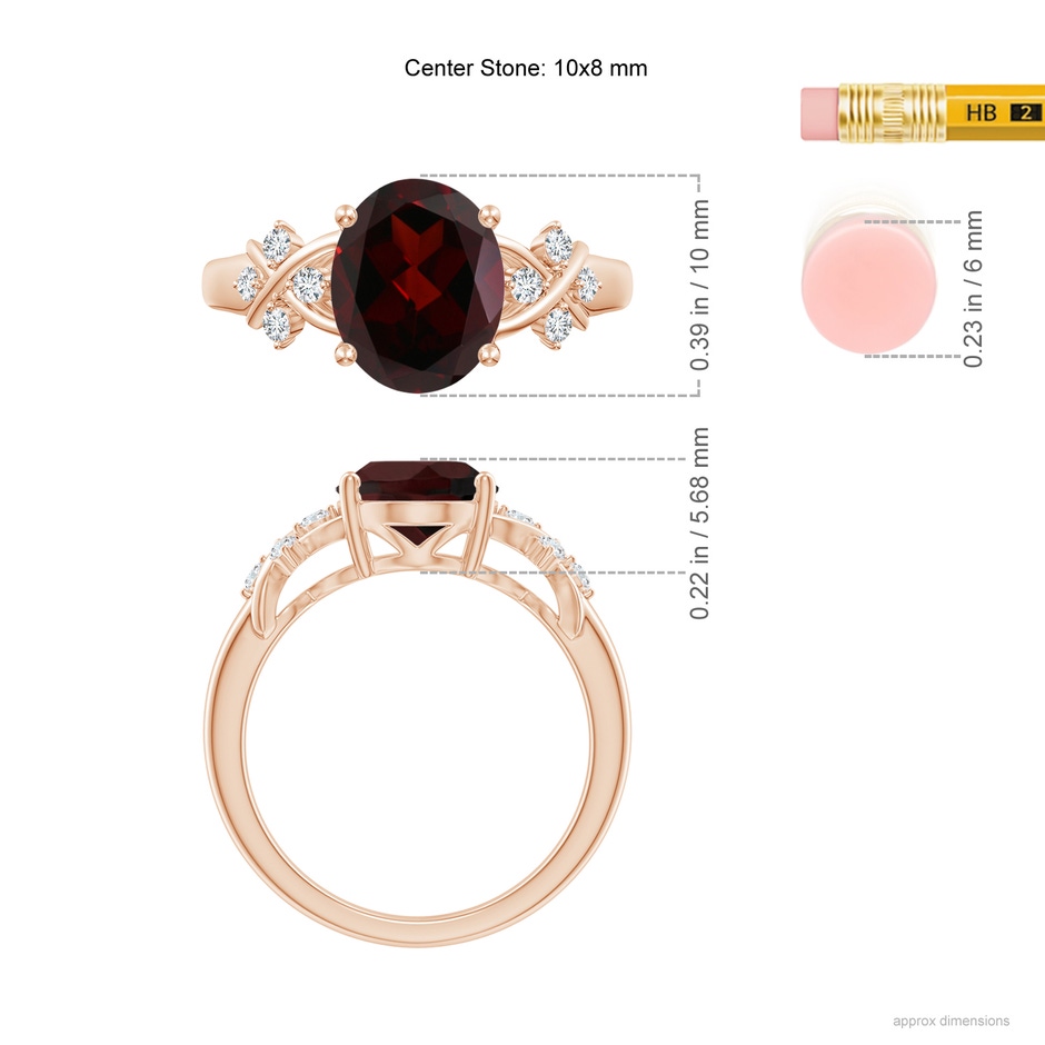 10x8mm A Solitaire Oval Garnet Criss Cross Ring with Diamonds in Rose Gold ruler