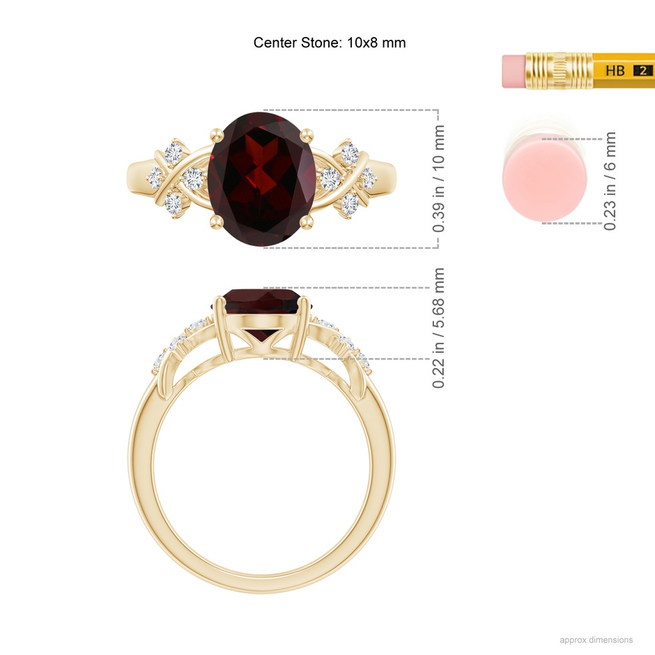 10x8mm A Solitaire Oval Garnet Criss Cross Ring with Diamonds in Yellow Gold ruler