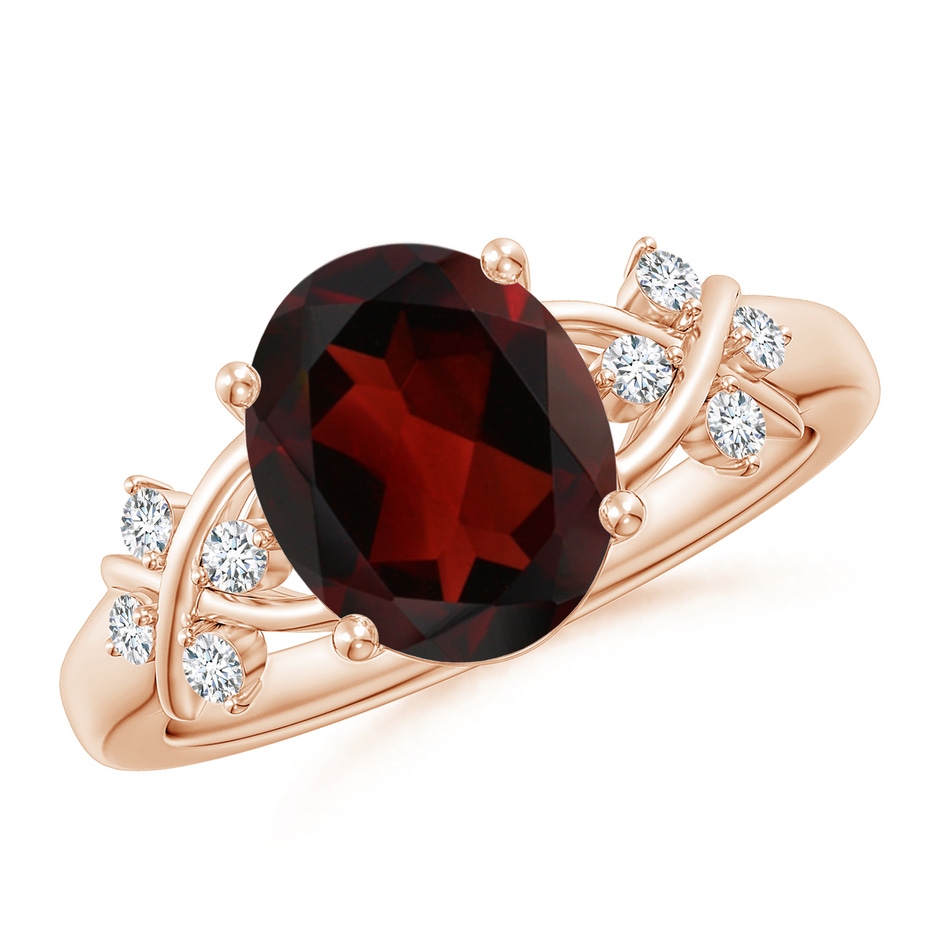 10x8mm AA Solitaire Oval Garnet Criss Cross Ring with Diamonds in Rose Gold 