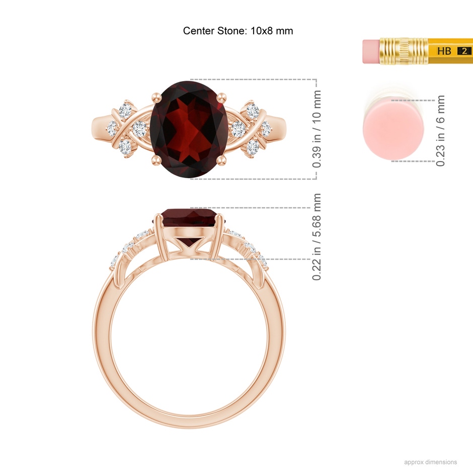 10x8mm AA Solitaire Oval Garnet Criss Cross Ring with Diamonds in Rose Gold ruler