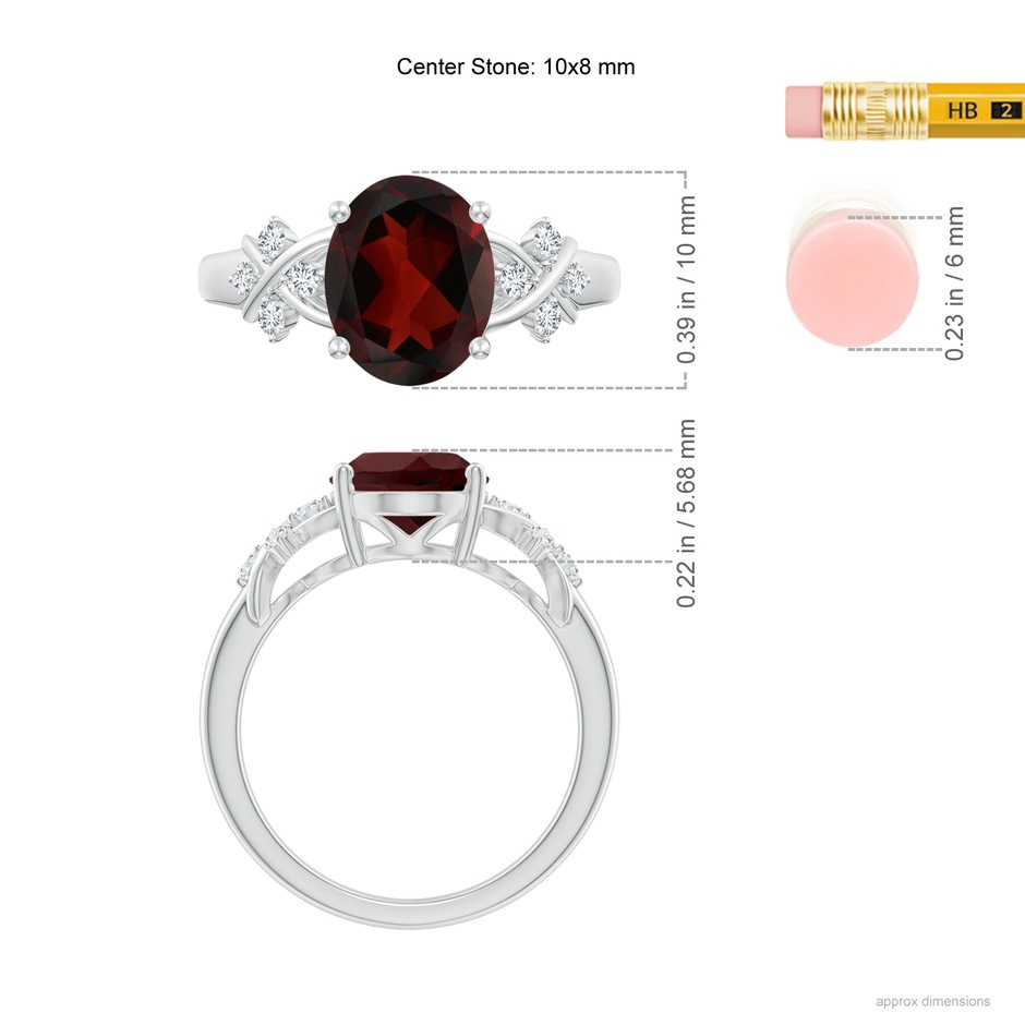 10x8mm AA Solitaire Oval Garnet Criss Cross Ring with Diamonds in White Gold ruler