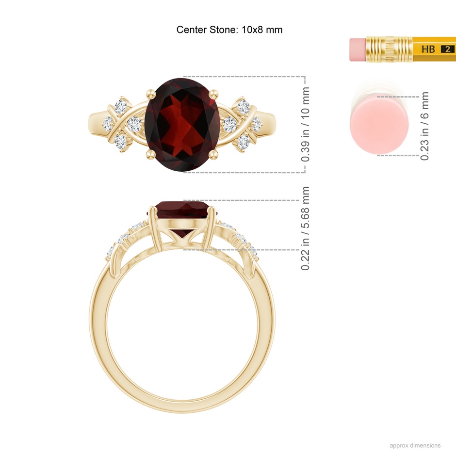 10x8mm AA Solitaire Oval Garnet Criss Cross Ring with Diamonds in Yellow Gold ruler