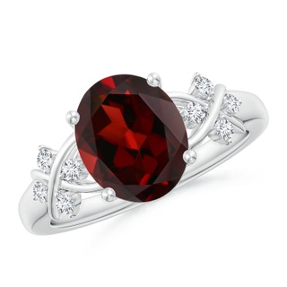 10x8mm AAA Solitaire Oval Garnet Criss Cross Ring with Diamonds in White Gold