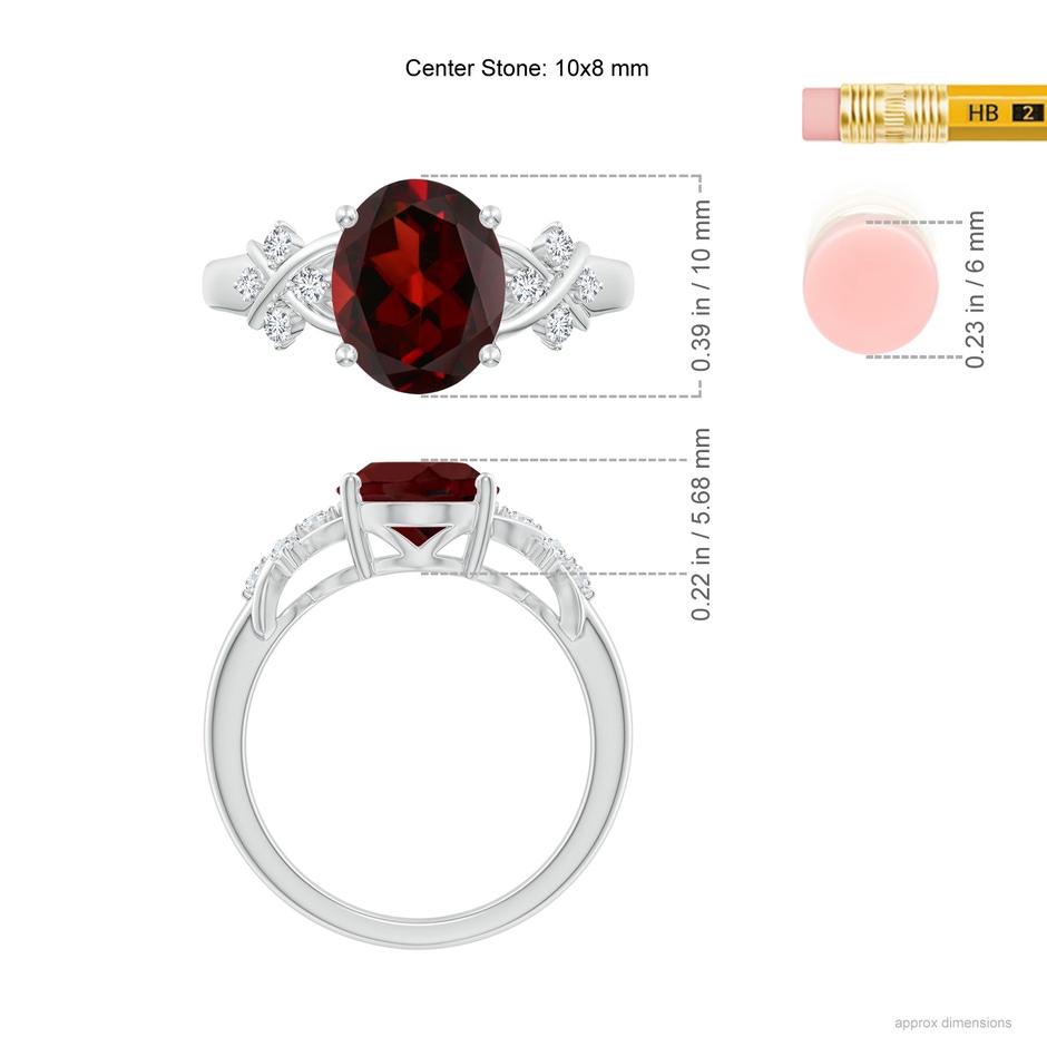 10x8mm AAA Solitaire Oval Garnet Criss Cross Ring with Diamonds in White Gold ruler