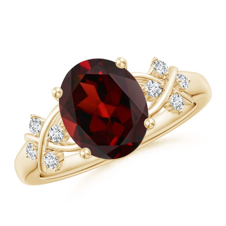 10x8mm AAA Solitaire Oval Garnet Criss Cross Ring with Diamonds in Yellow Gold 