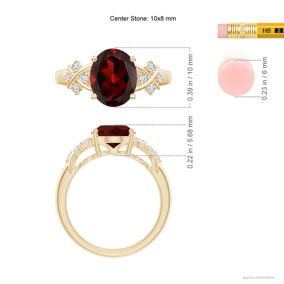 10x8mm AAA Solitaire Oval Garnet Criss Cross Ring with Diamonds in Yellow Gold ruler