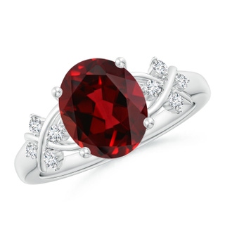 10x8mm AAAA Solitaire Oval Garnet Criss Cross Ring with Diamonds in P950 Platinum