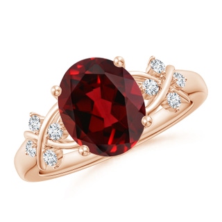 10x8mm AAAA Solitaire Oval Garnet Criss Cross Ring with Diamonds in Rose Gold