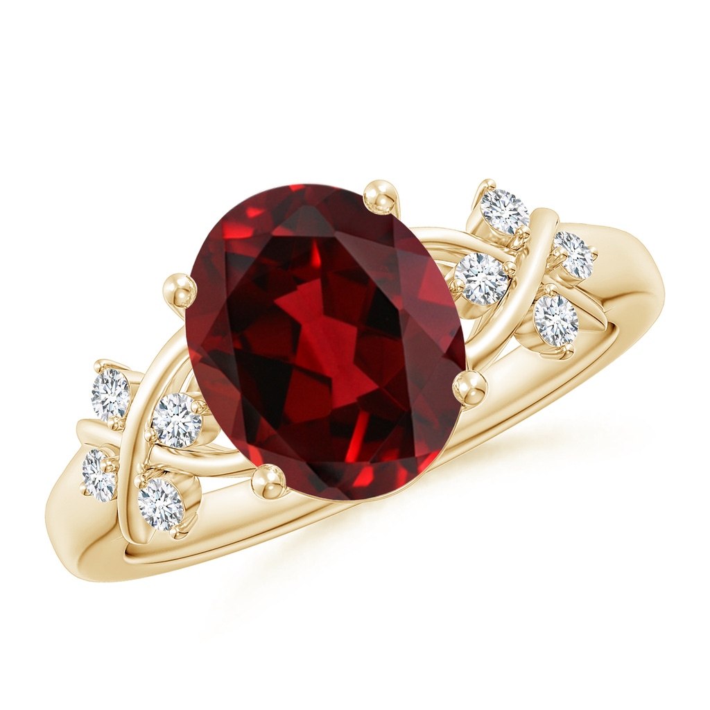 10x8mm AAAA Solitaire Oval Garnet Criss Cross Ring with Diamonds in Yellow Gold