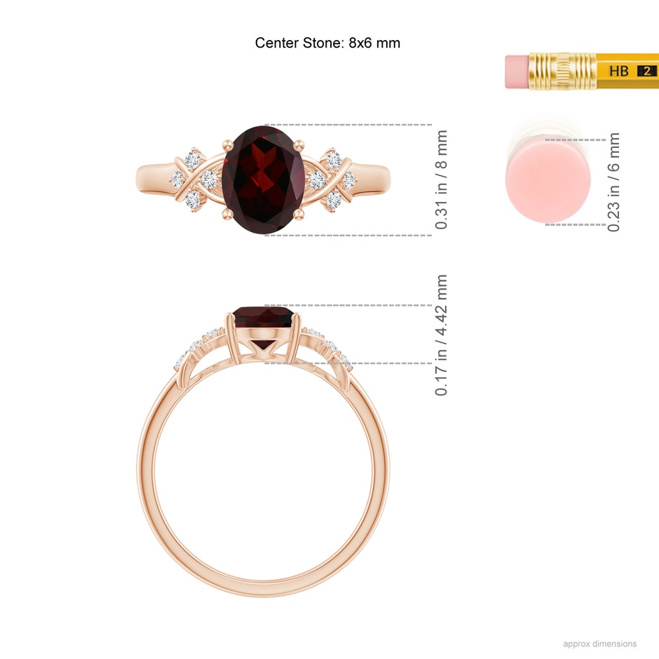 8x6mm A Solitaire Oval Garnet Criss Cross Ring with Diamonds in Rose Gold ruler