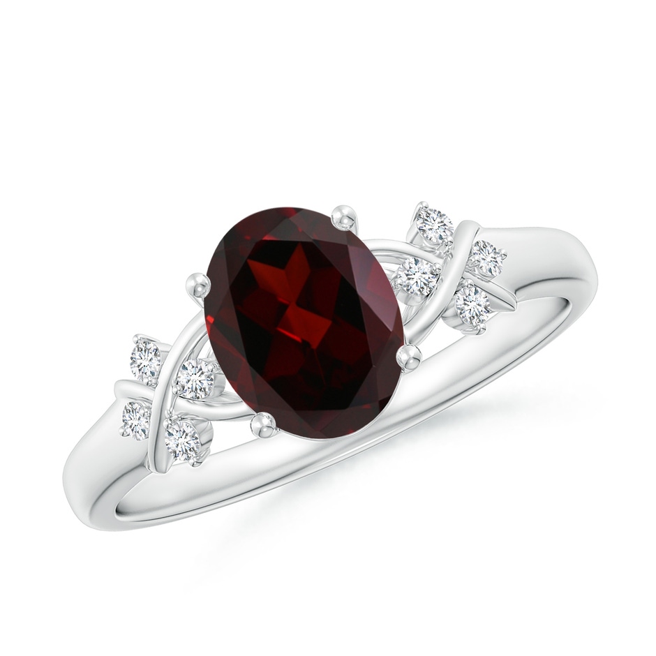 8x6mm A Solitaire Oval Garnet Criss Cross Ring with Diamonds in White Gold 