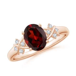 8x6mm AAA Solitaire Oval Garnet Criss Cross Ring with Diamonds in Rose Gold