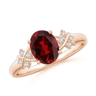8x6mm AAAA Solitaire Oval Garnet Criss Cross Ring with Diamonds in Rose Gold