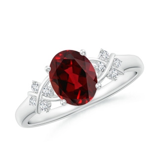 8x6mm AAAA Solitaire Oval Garnet Criss Cross Ring with Diamonds in White Gold