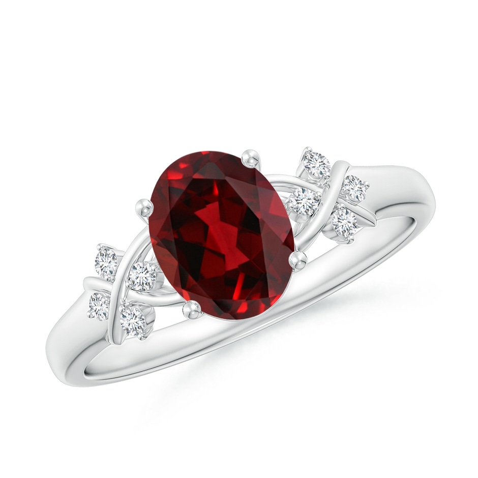 8x6mm AAAA Solitaire Oval Garnet Criss Cross Ring with Diamonds in White Gold 