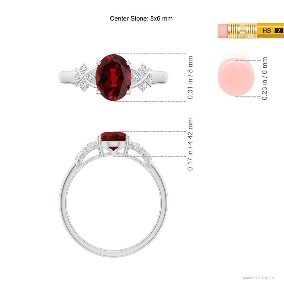 8x6mm AAAA Solitaire Oval Garnet Criss Cross Ring with Diamonds in White Gold ruler
