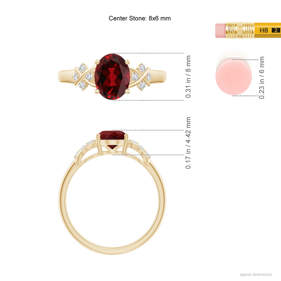 8x6mm AAAA Solitaire Oval Garnet Criss Cross Ring with Diamonds in Yellow Gold ruler