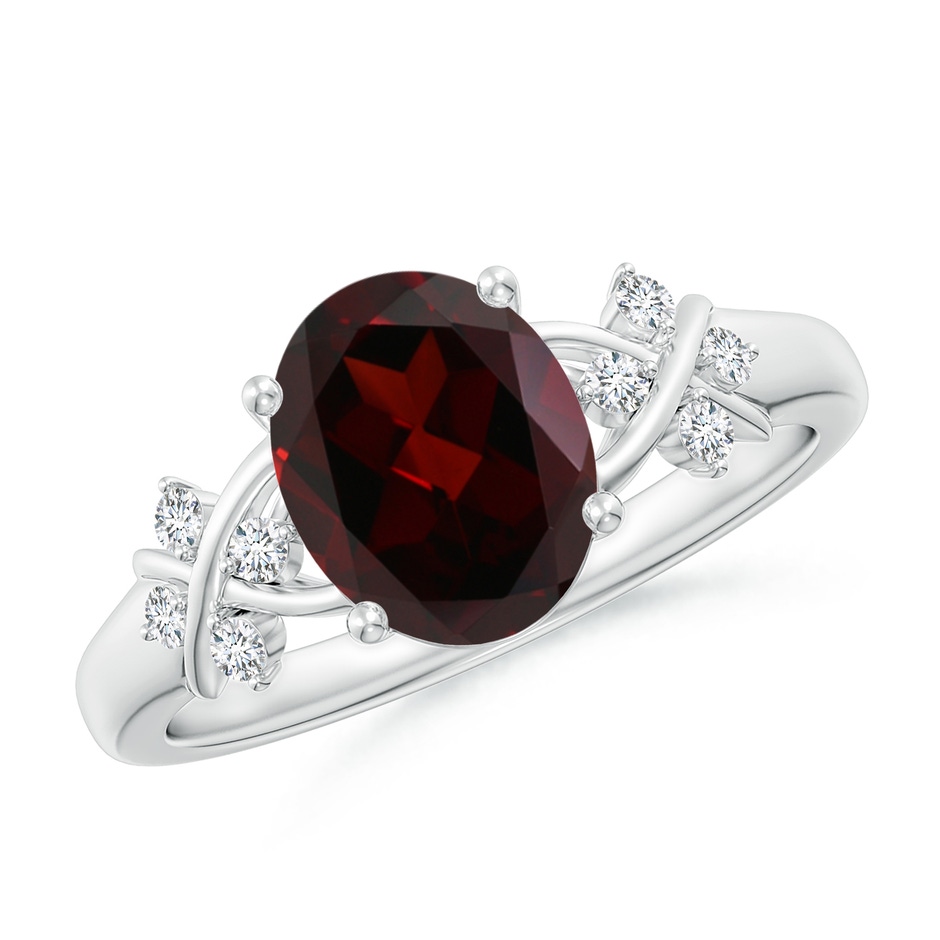 9x7mm A Solitaire Oval Garnet Criss Cross Ring with Diamonds in White Gold 