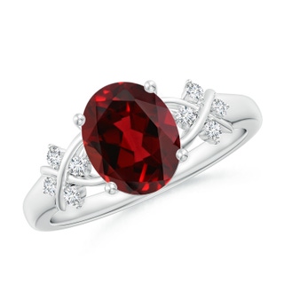 9x7mm AAAA Solitaire Oval Garnet Criss Cross Ring with Diamonds in White Gold