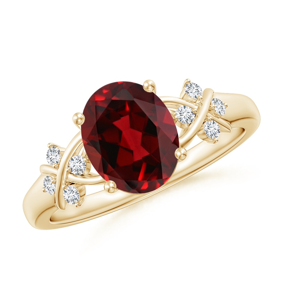 9x7mm AAAA Solitaire Oval Garnet Criss Cross Ring with Diamonds in Yellow Gold 