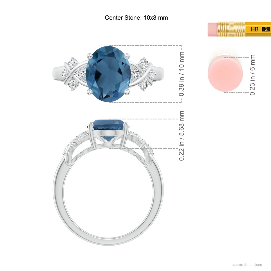 10x8mm A Oval London Blue Topaz Criss Cross Ring with Diamonds in P950 Platinum ruler