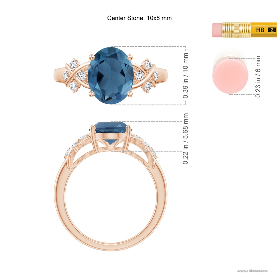 10x8mm A Oval London Blue Topaz Criss Cross Ring with Diamonds in Rose Gold ruler