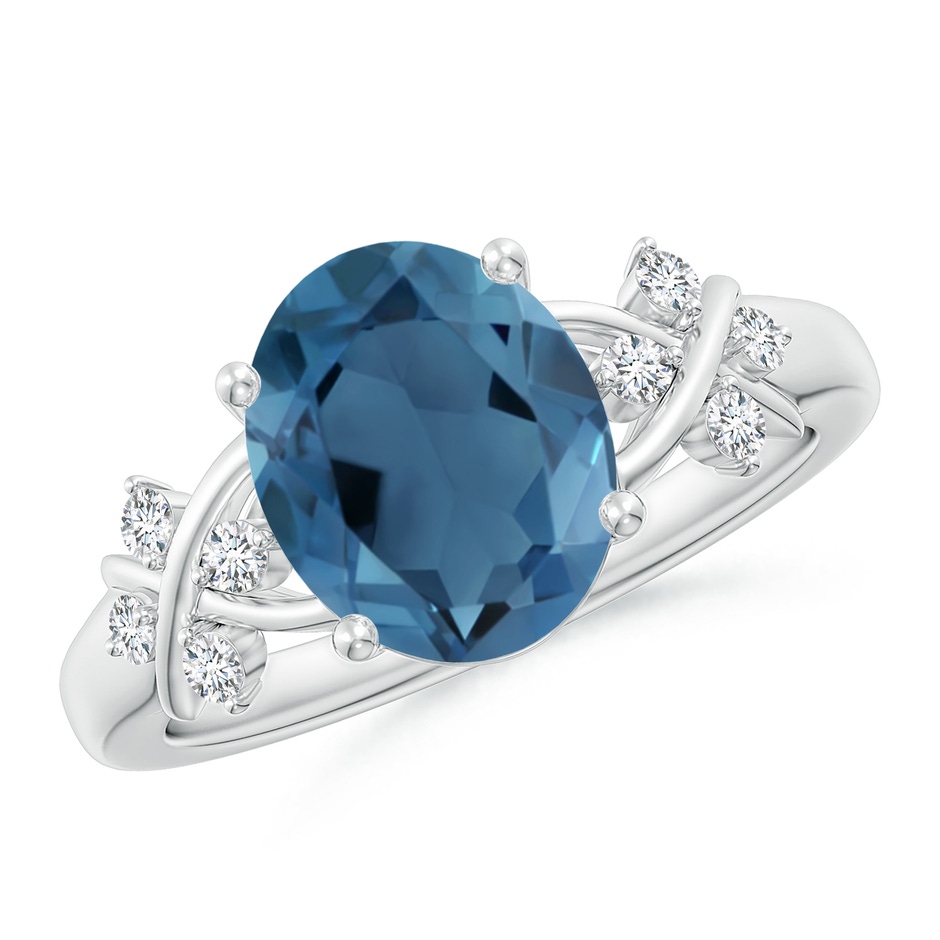 10x8mm A Oval London Blue Topaz Criss Cross Ring with Diamonds in White Gold 