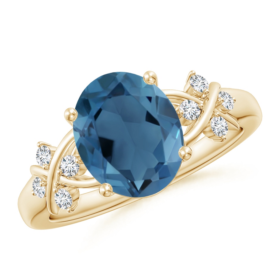 10x8mm A Oval London Blue Topaz Criss Cross Ring with Diamonds in Yellow Gold 