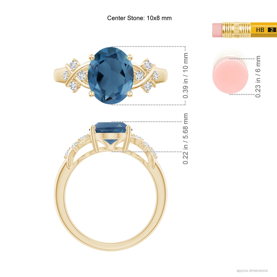 10x8mm A Oval London Blue Topaz Criss Cross Ring with Diamonds in Yellow Gold ruler