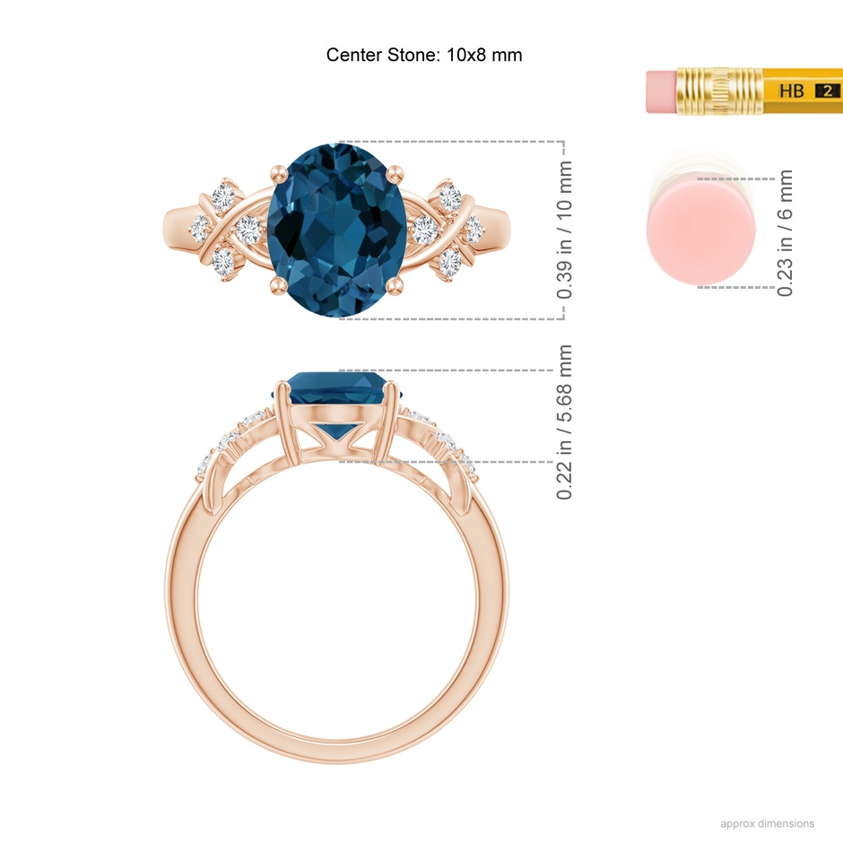 10x8mm AAA Oval London Blue Topaz Criss Cross Ring with Diamonds in Rose Gold ruler