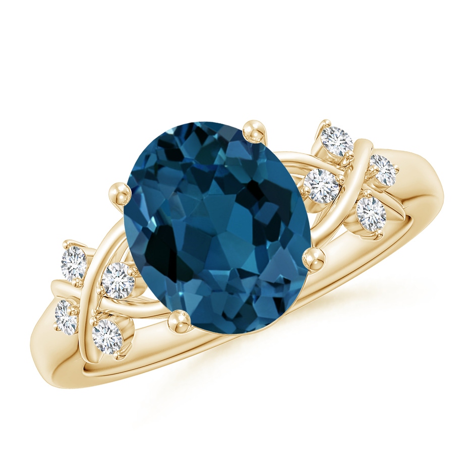 10x8mm AAA Oval London Blue Topaz Criss Cross Ring with Diamonds in Yellow Gold 