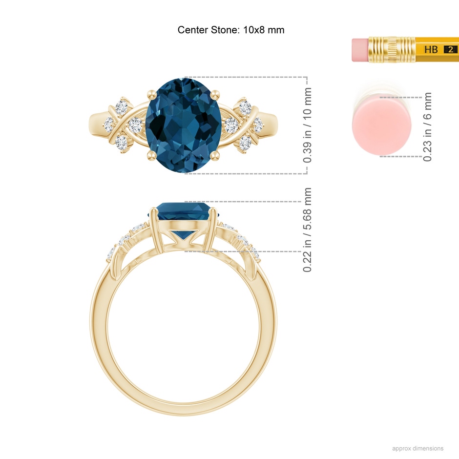 10x8mm AAA Oval London Blue Topaz Criss Cross Ring with Diamonds in Yellow Gold ruler