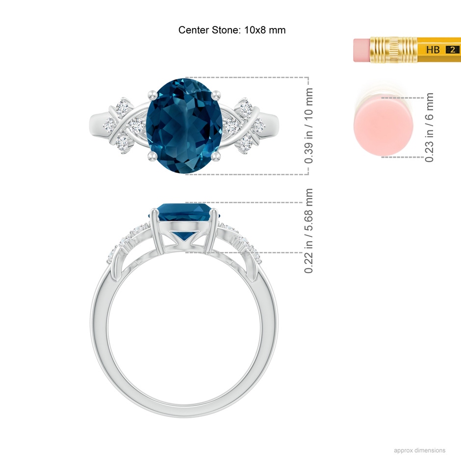 10x8mm AAAA Oval London Blue Topaz Criss Cross Ring with Diamonds in P950 Platinum ruler