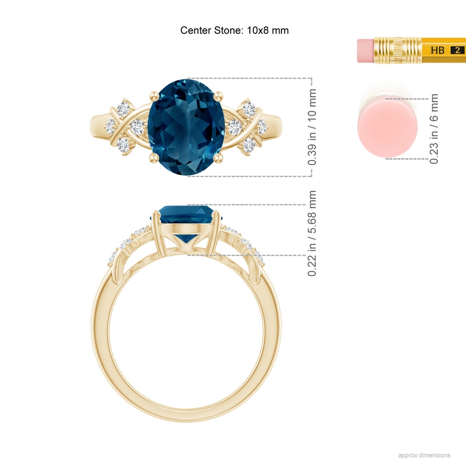 10x8mm AAAA Oval London Blue Topaz Criss Cross Ring with Diamonds in Yellow Gold ruler