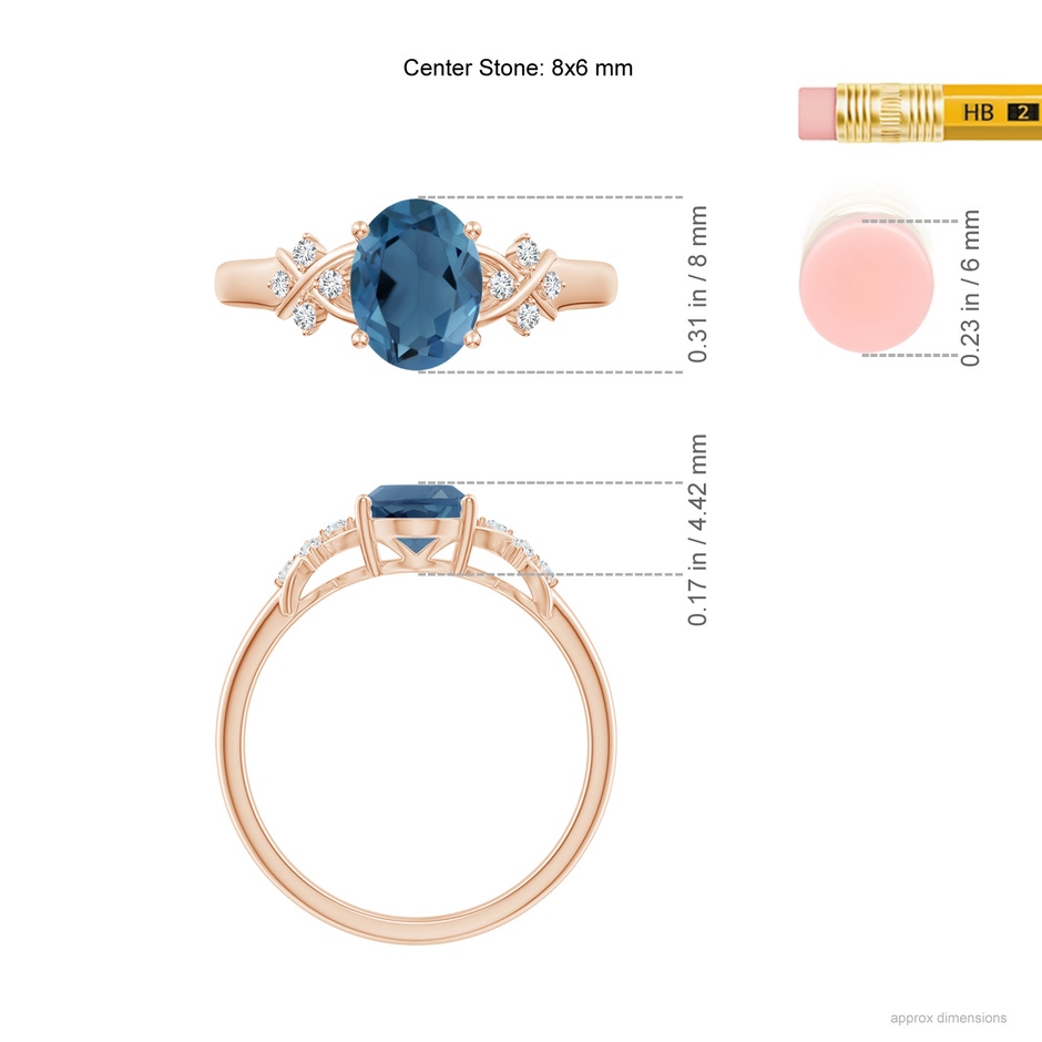 8x6mm A Oval London Blue Topaz Criss Cross Ring with Diamonds in Rose Gold ruler
