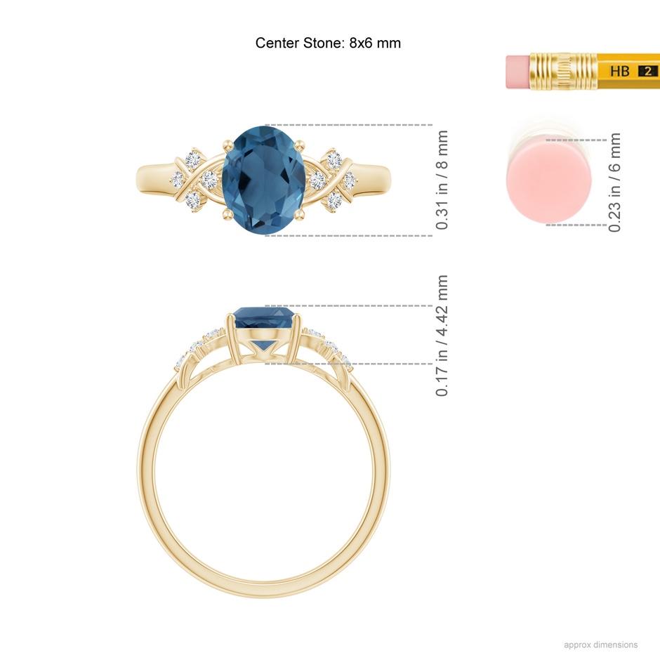 8x6mm A Oval London Blue Topaz Criss Cross Ring with Diamonds in Yellow Gold ruler