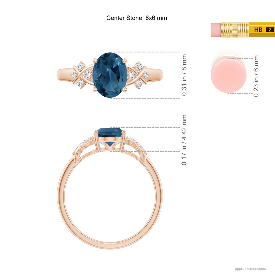 8x6mm AA Oval London Blue Topaz Criss Cross Ring with Diamonds in Rose Gold ruler