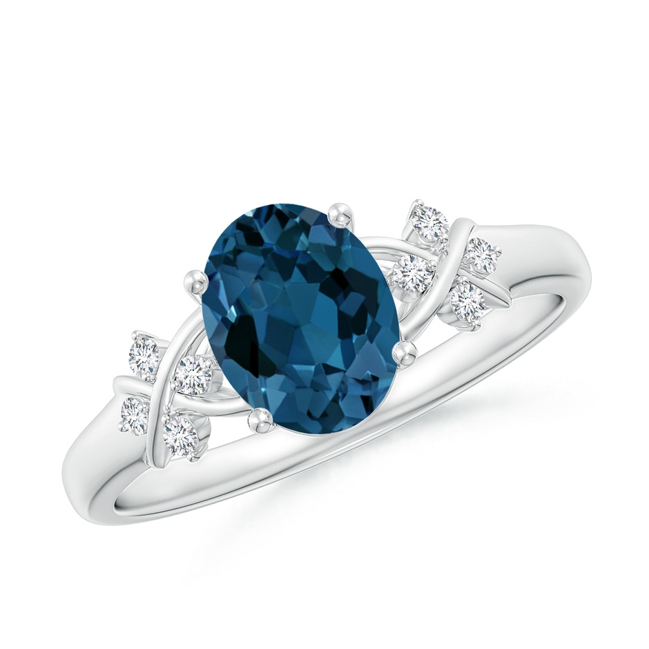 8x6mm AAA Oval London Blue Topaz Criss Cross Ring with Diamonds in White Gold 