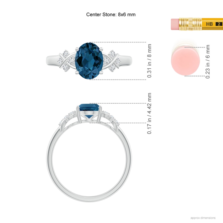 8x6mm AAA Oval London Blue Topaz Criss Cross Ring with Diamonds in White Gold ruler